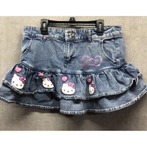 Hello Kitty Womens Juniors Denim Skirt Size Large Ruffle Layers Pink Rhinestone
